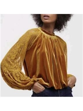NWOT Free People Dream Team Gold Velvet Lace Top size M